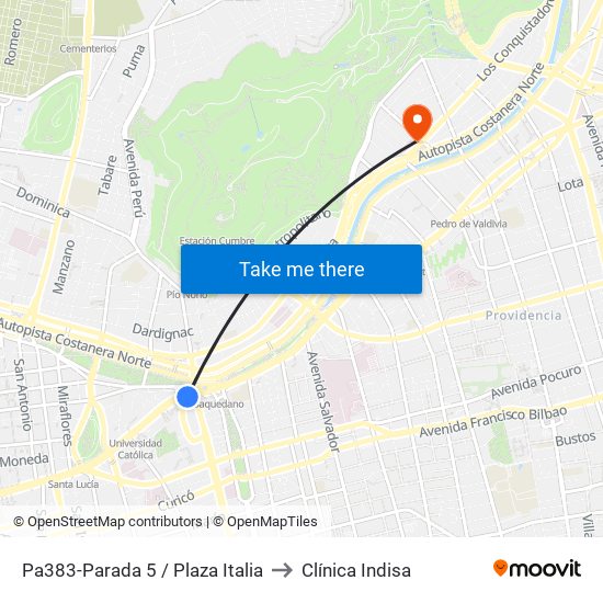 Pa383-Parada 5 / Plaza Italia to Clínica Indisa map