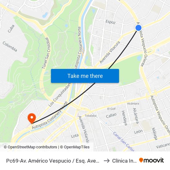 Pc69-Av. Américo Vespucio / Esq. Avenida Vitacura to Clínica Indisa map