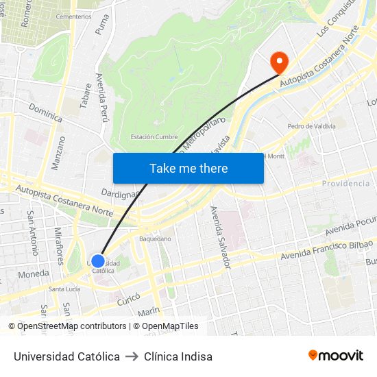 Universidad Católica to Clínica Indisa map