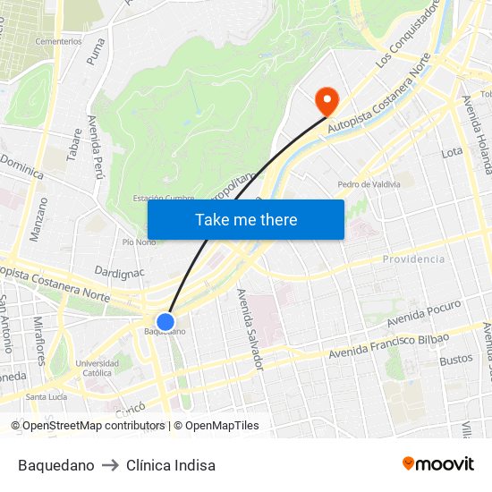 Baquedano to Clínica Indisa map