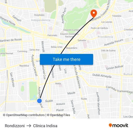 Rondizzoni to Clínica Indisa map
