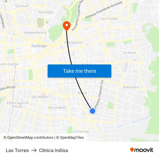 Las Torres to Clínica Indisa map
