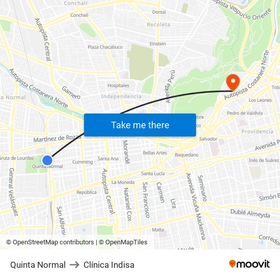 Quinta Normal to Clínica Indisa map