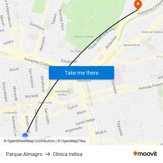 Parque Almagro to Clínica Indisa map