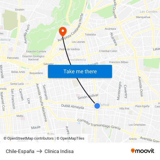 Chile-España to Clínica Indisa map