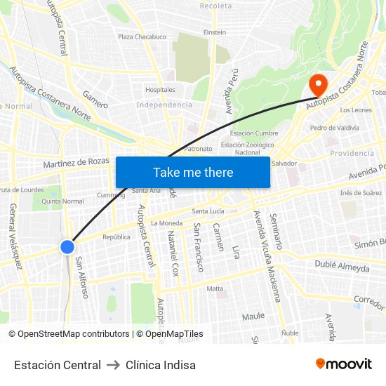 Estación Central to Clínica Indisa map