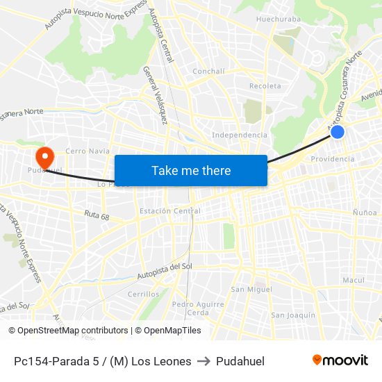 Pc154-Parada 5 / (M) Los Leones to Pudahuel map