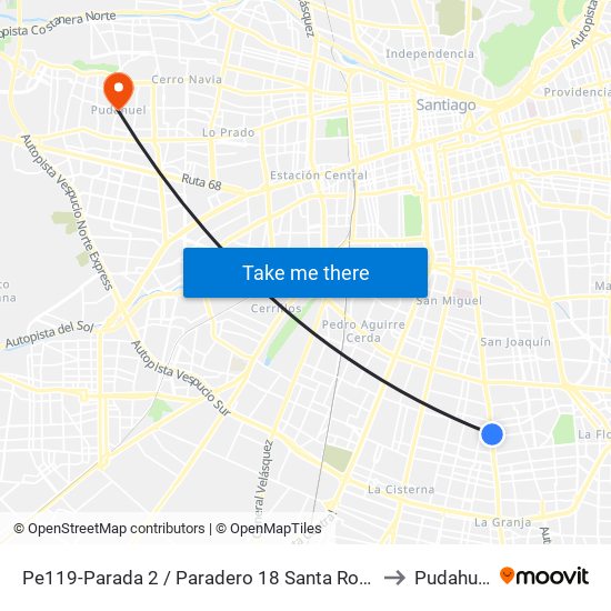 Pe119-Parada 2 / Paradero 18 Santa Rosa to Pudahuel map