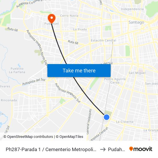 Ph287-Parada 1 / Cementerio Metropolitano to Pudahuel map