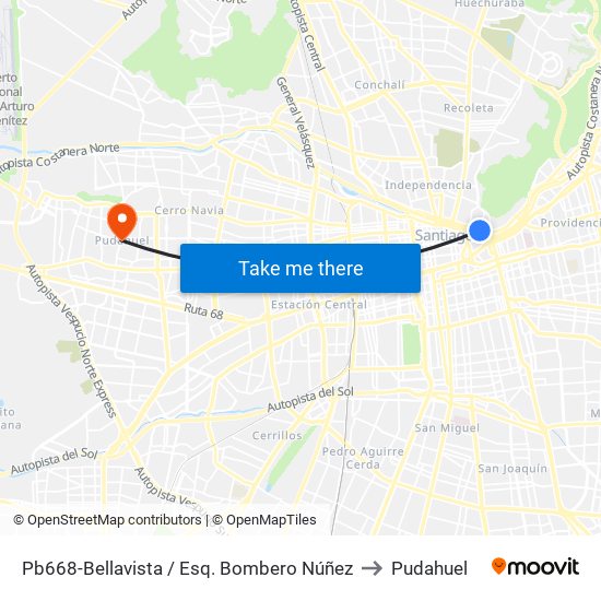 Pb668-Bellavista / Esq. Bombero Núñez to Pudahuel map