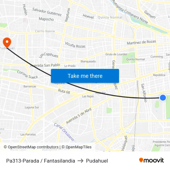 Pa313-Parada / Fantasilandia to Pudahuel map
