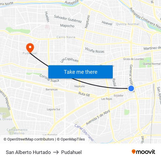 San Alberto Hurtado to Pudahuel map