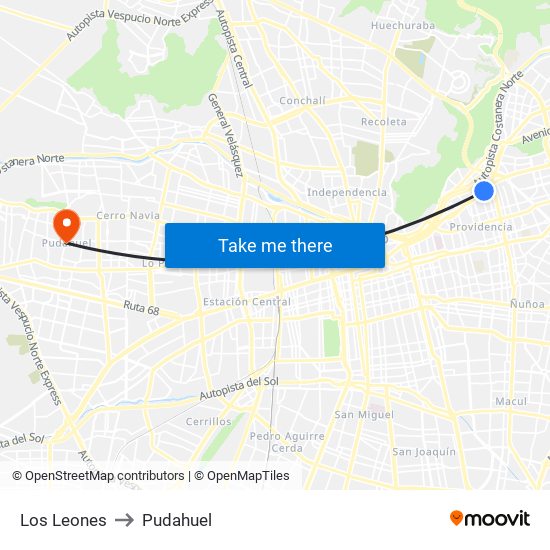 Los Leones to Pudahuel map