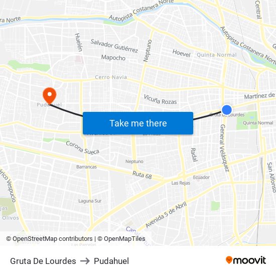 Gruta De Lourdes to Pudahuel map