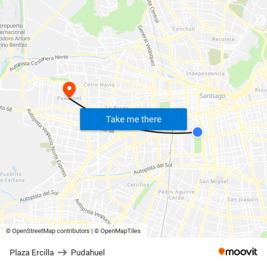 Plaza Ercilla to Pudahuel map