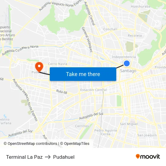 Terminal La Paz to Pudahuel map