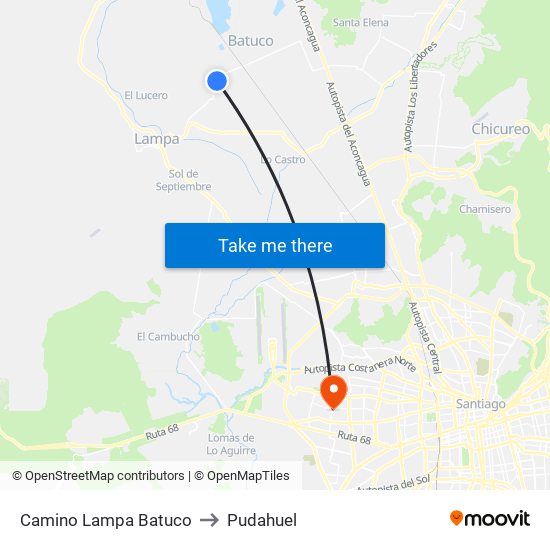 Camino Lampa Batuco to Pudahuel map