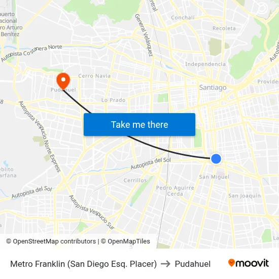 Metro Franklin (San Diego Esq. Placer) to Pudahuel map