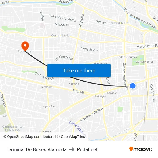 Terminal De Buses Alameda to Pudahuel map