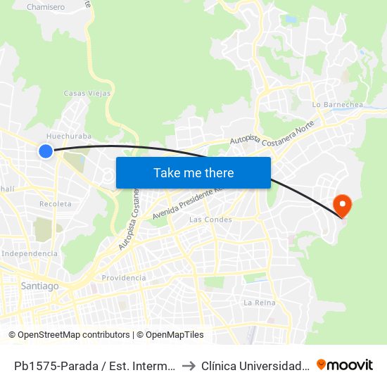 Pb1575-Parada / Est. Intermodal Vespucio Norte to Clínica Universidad De Los Andes map