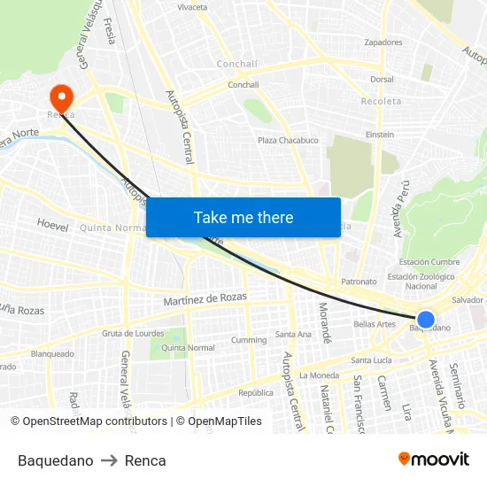 Baquedano to Renca map