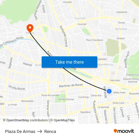 Plaza De Armas to Renca map