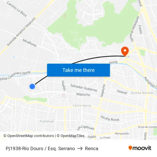 Pj1938-Río Douro / Esq. Serrano to Renca map