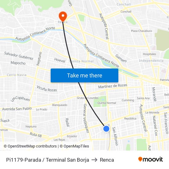 Pi1179-Parada / Terminal San Borja to Renca map