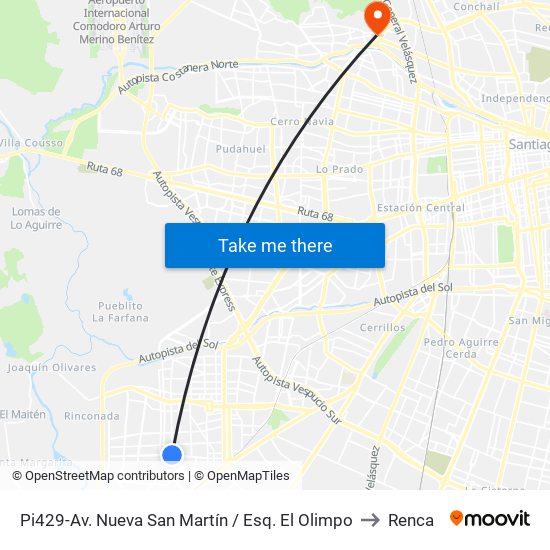 Pi429-Av. Nueva San Martín / Esq. El Olimpo to Renca map