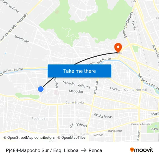 Pj484-Mapocho Sur / Esq. Lisboa to Renca map
