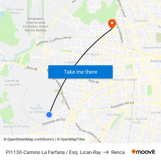 Pi1130-Camino La Farfana / Esq. Lican-Ray to Renca map