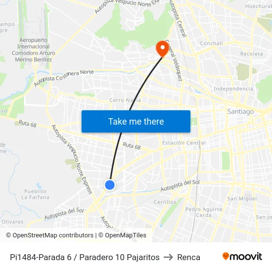 Pi1484-Parada 6 / Paradero 10 Pajaritos to Renca map