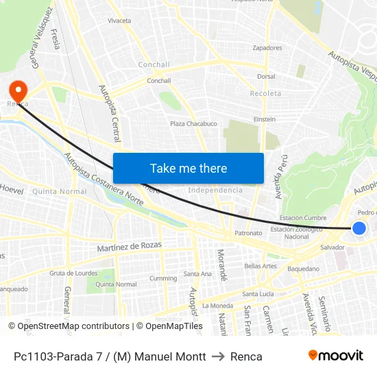 Pc1103-Parada 7 / (M) Manuel Montt to Renca map