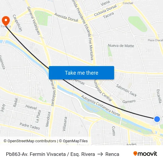 Pb863-Av. Fermín Vivaceta / Esq. Rivera to Renca map