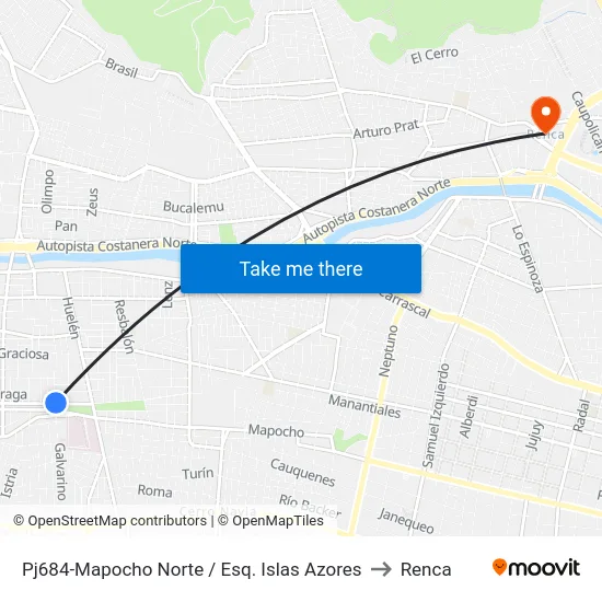 Pj684-Mapocho Norte / Esq. Islas Azores to Renca map