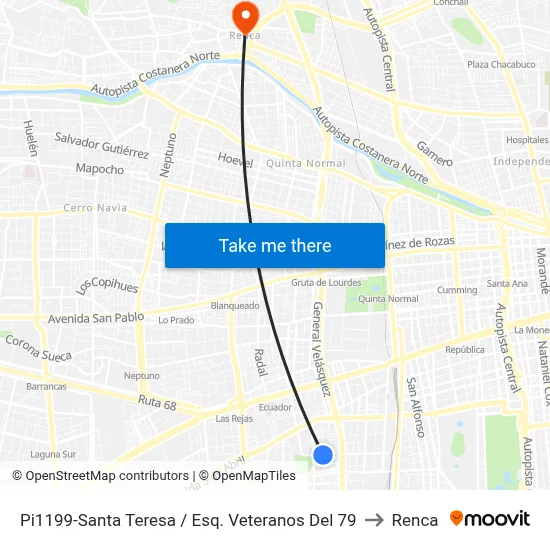 Pi1199-Santa Teresa / Esq. Veteranos Del 79 to Renca map