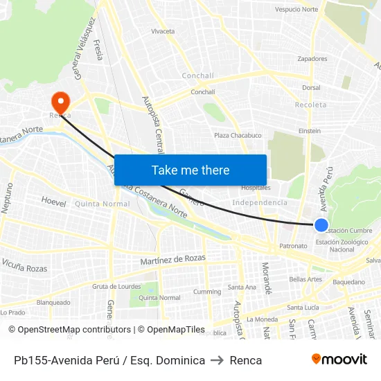 Pb155-Avenida Perú / Esq. Dominica to Renca map