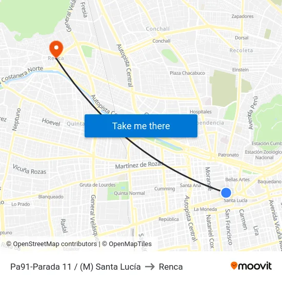 Pa91-Parada 11 / (M) Santa Lucía to Renca map