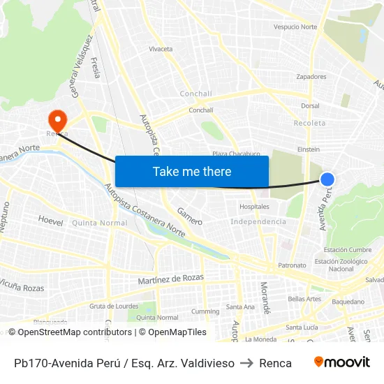 Pb170-Avenida Perú / Esq. Arz. Valdivieso to Renca map