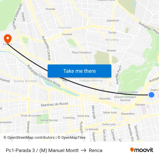 Pc1-Parada 3 / (M) Manuel Montt to Renca map