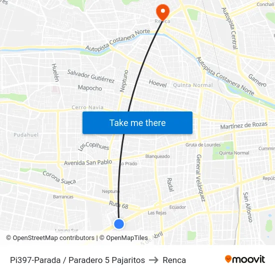 Pi397-Parada / Paradero 5 Pajaritos to Renca map