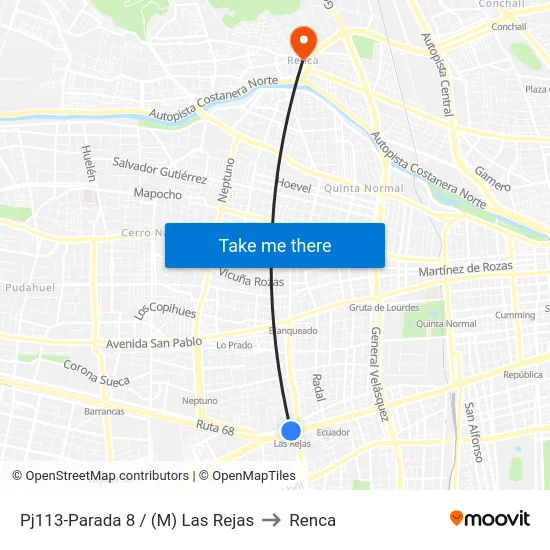 Pj113-Parada 8 / (M) Las Rejas to Renca map