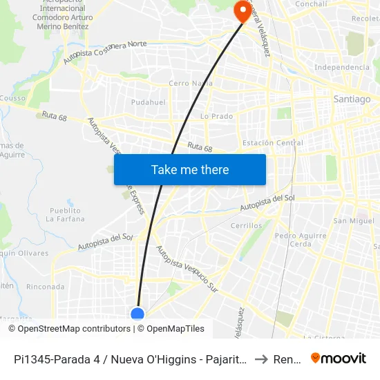 Pi1345-Parada 4 / Nueva O'Higgins - Pajaritos to Renca map