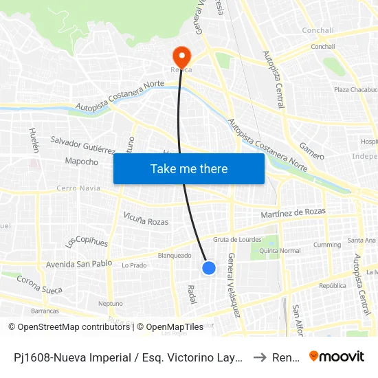 Pj1608-Nueva Imperial / Esq. Victorino Laynez to Renca map