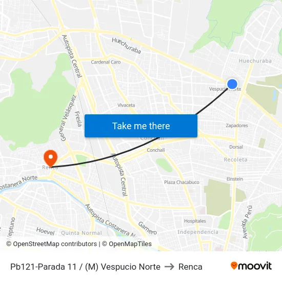 Pb121-Parada 11 / (M) Vespucio Norte to Renca map