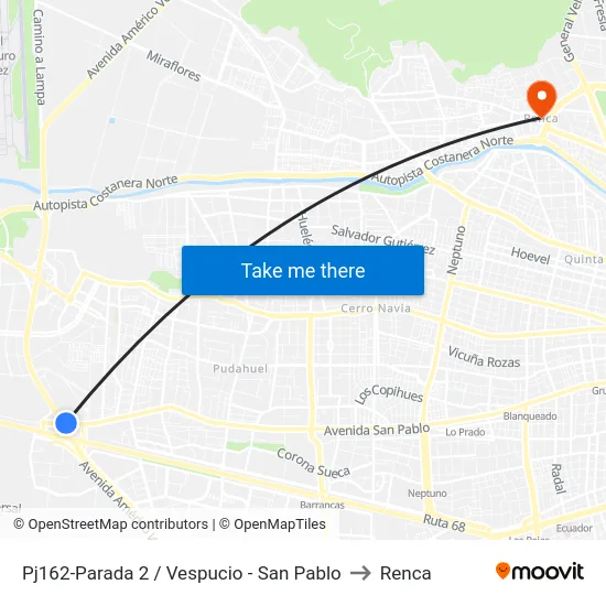 Pj162-Parada 2 / Vespucio - San Pablo to Renca map