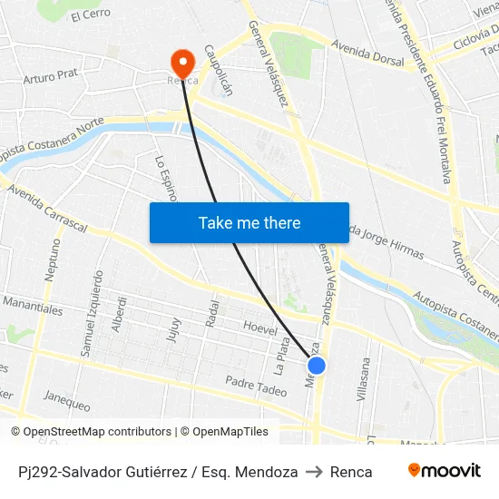 Pj292-Salvador Gutiérrez / Esq. Mendoza to Renca map