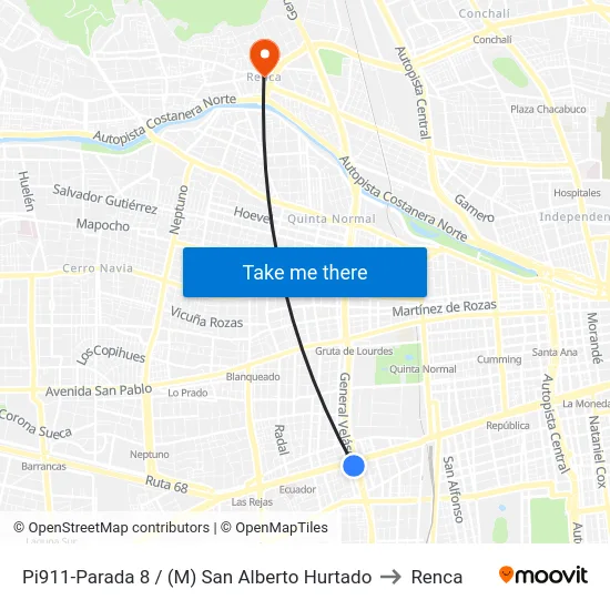 Pi911-Parada 8 / (M) San Alberto Hurtado to Renca map