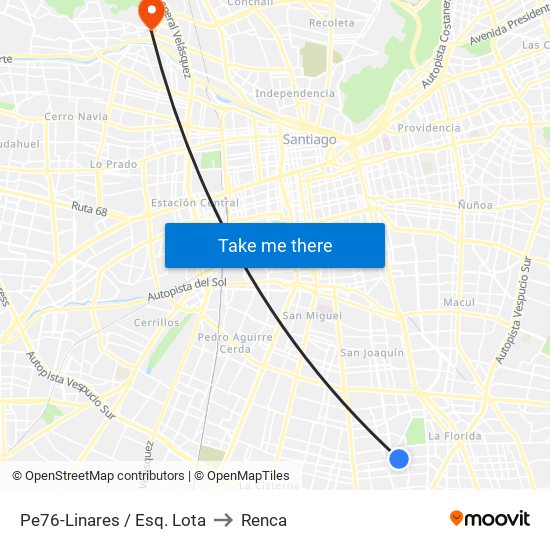 Pe76-Linares / Esq. Lota to Renca map