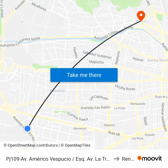 Pj109-Av. Américo Vespucio / Esq. Av. La Travesía to Renca map